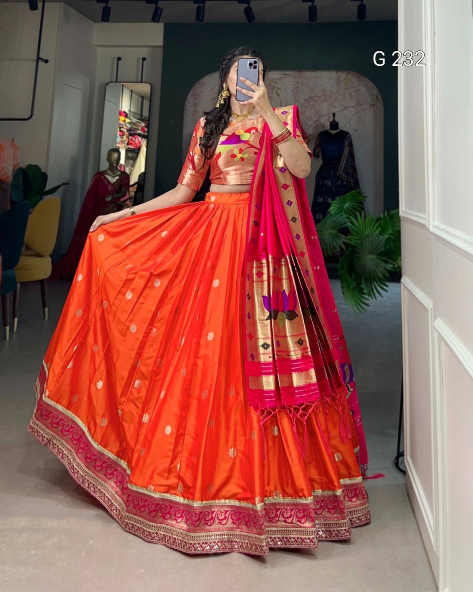 Paithani Jacquard Silk Lehenga with Zari Weaving Work & Tassels – G 232 Orange