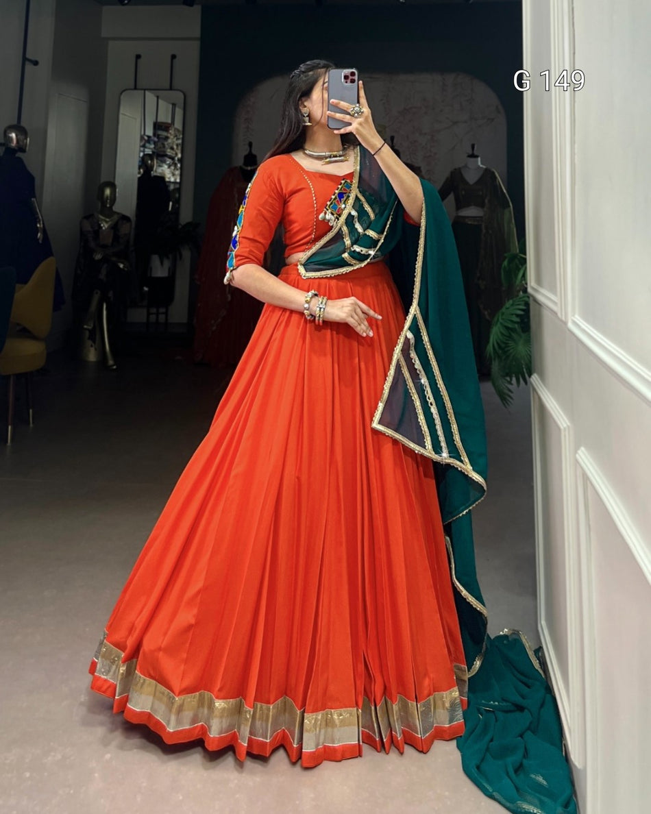 Orange Pure Rayon Lehenga with Embossed Design & Original Mirror Work – Bridal Lehenga Set-G 149 Orange
