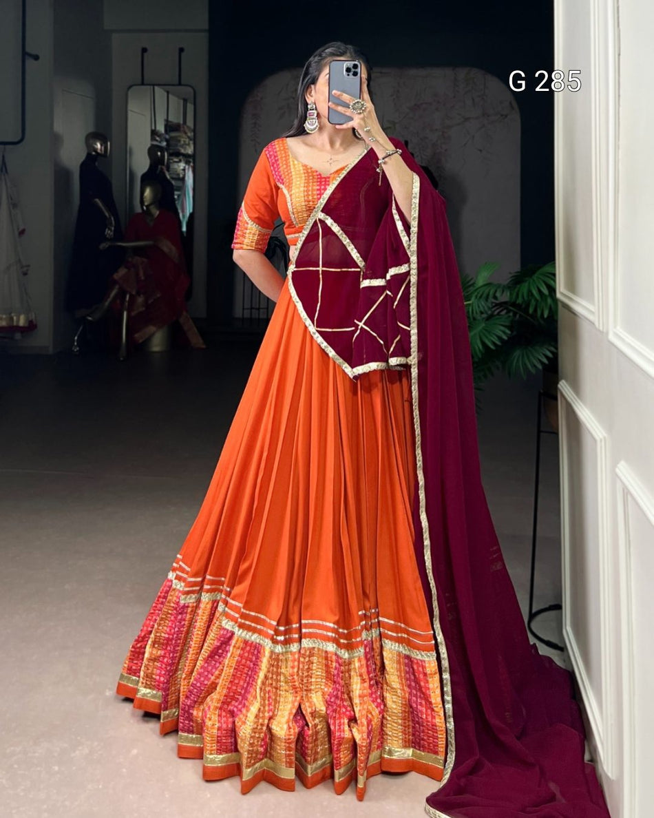 Bandhej Print Pure Rayon Lehenga with Sequins Lace Border – G 285 Orange