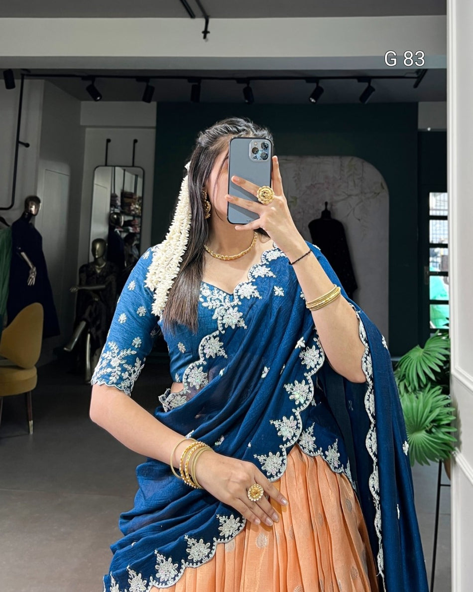 Zari Kota Lehenga with Sequins & Thread Embroidery Scallop Lace Border – G 83 Orange