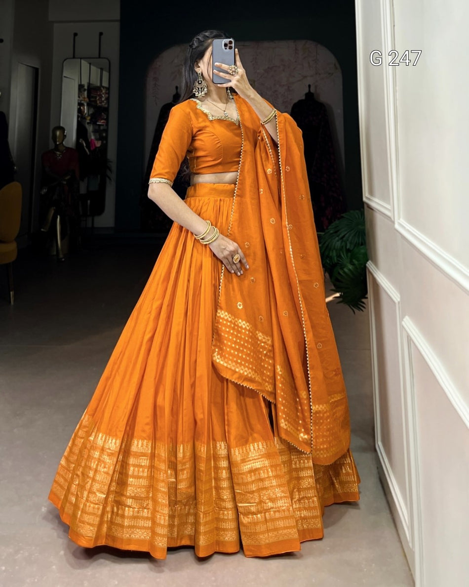 Zari Weaving Pure Chanderi Lehenga with Lace Border – G 247 Orange