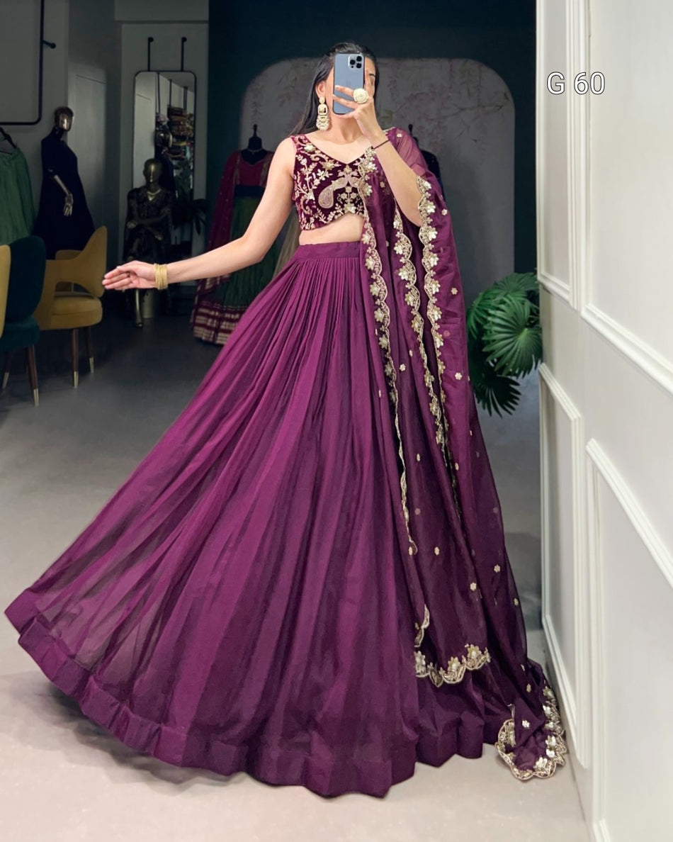 Organza Lehenga with Sequins & Thread Embroidery Work – G 60 Wine