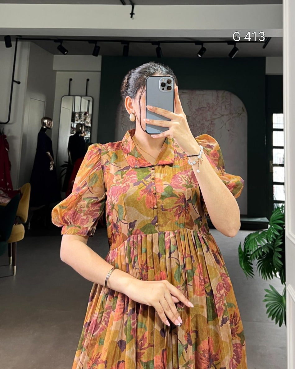 Organza Floral Printed Frock with Micro Crepe Lining – G 413 Brown