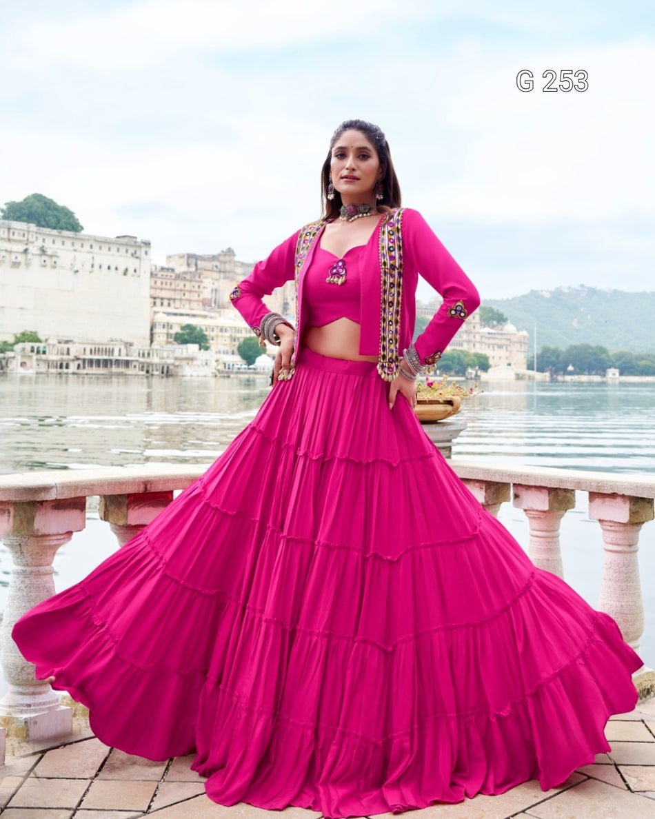 Plain Pure Rayon Lehenga with Original Mirror Gamthi Work – G 253