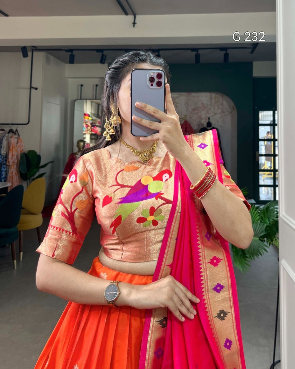 Paithani Jacquard Silk Lehenga with Zari Weaving Work & Tassels – G 232 Orange