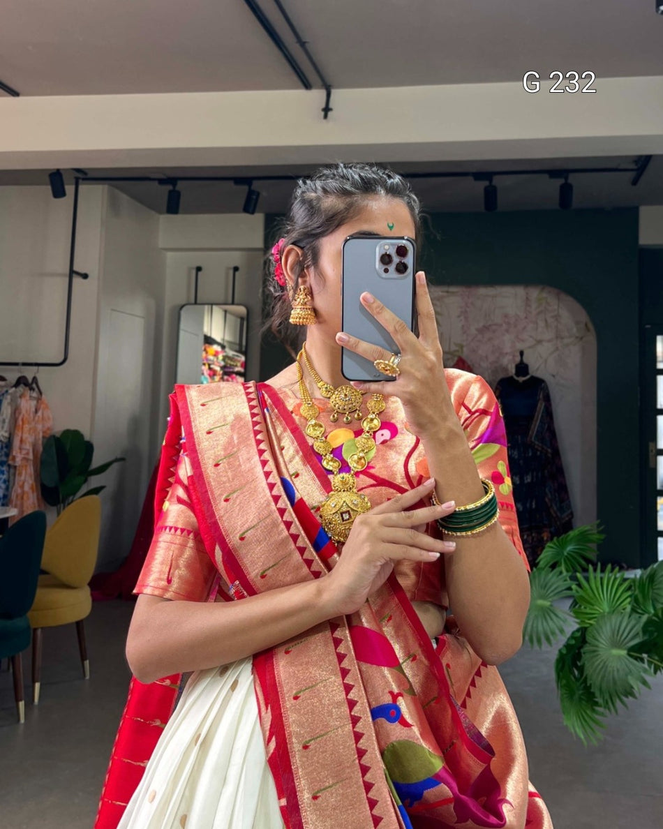 Paithani Jacquard Silk Lehenga with Zari Weaving Work & Tassels – G 232 White