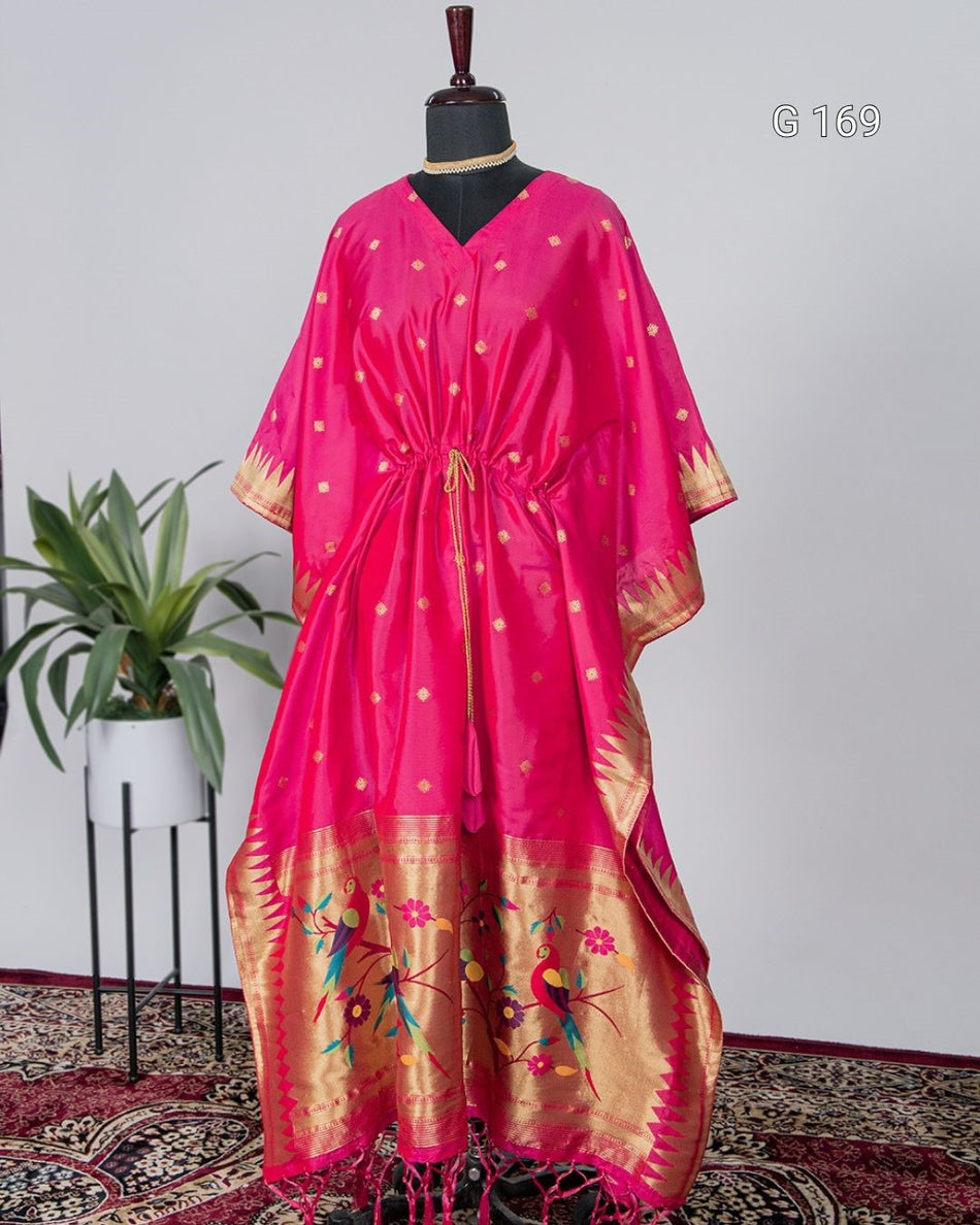 Pink Jacquard Paithani Kaftan with Zari Weaving Work & Lace Border – G 169 Pink