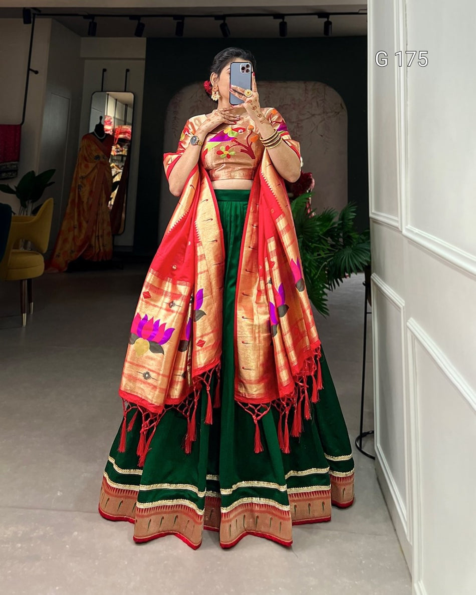 Green Vichitra Silk Lehenga with Paithani Lace Border and Zari Weaving Dupatta – G 175 Green