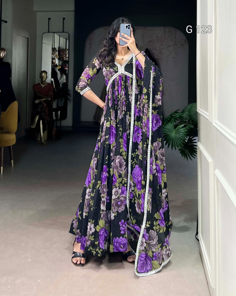 Floral Printed Georgette Gown with Peper Mirror Lace Touch Up – G 123
