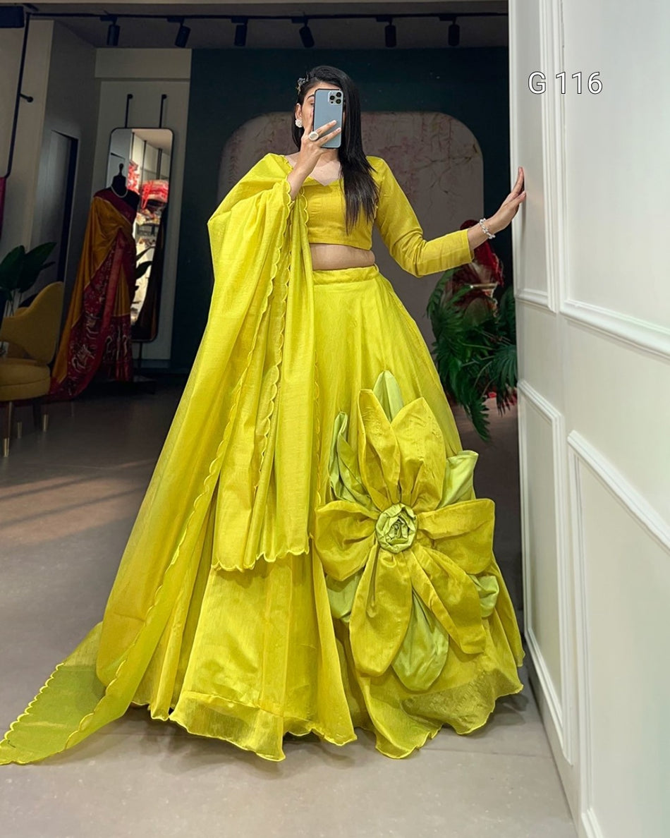Rajwadi Chanderi Silk Lehenga with Handmade Flower Work – G 116 Parrot