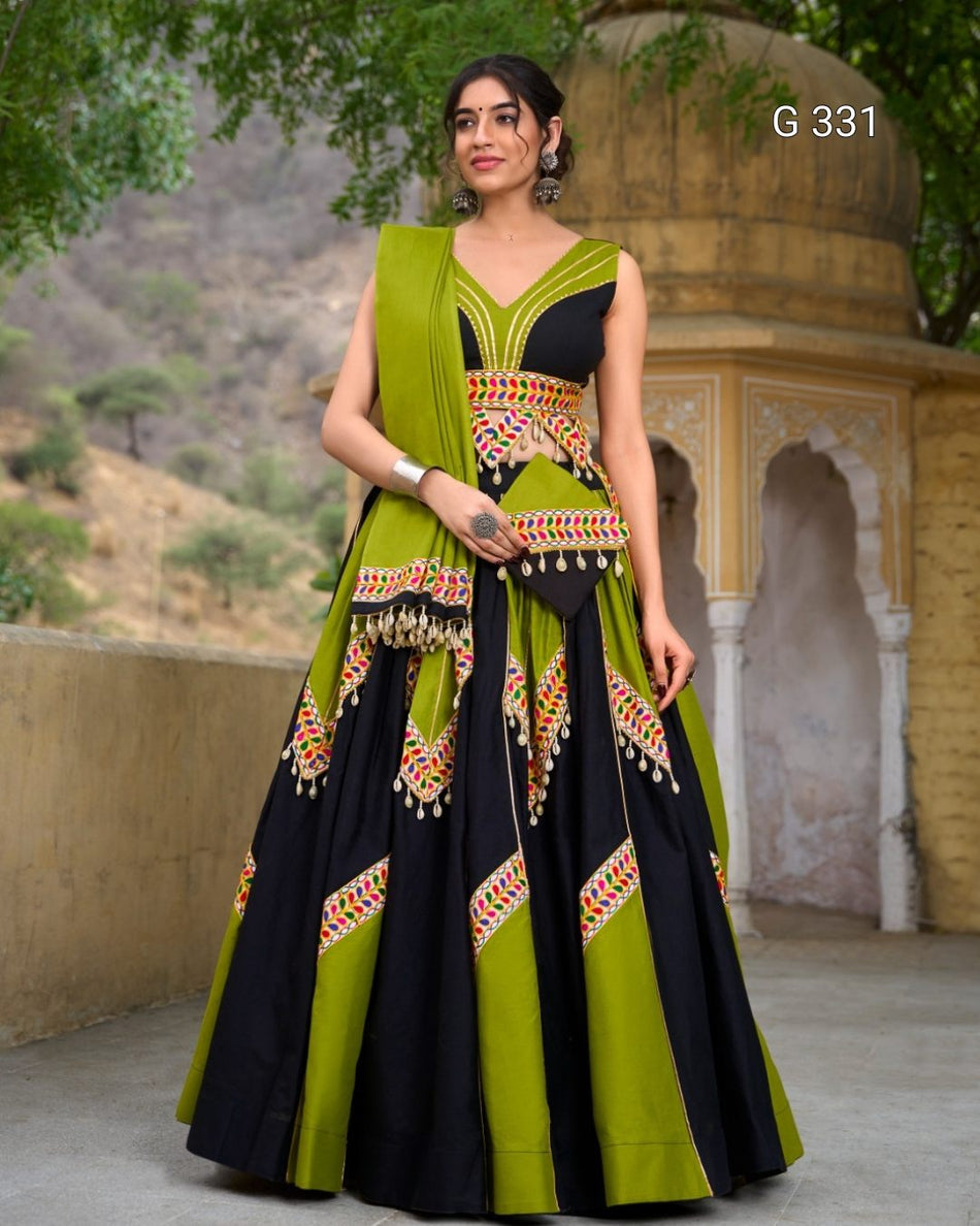 Pure Cotton Lehenga with Gamthi & Gota Patti Work – G 331 Parrot