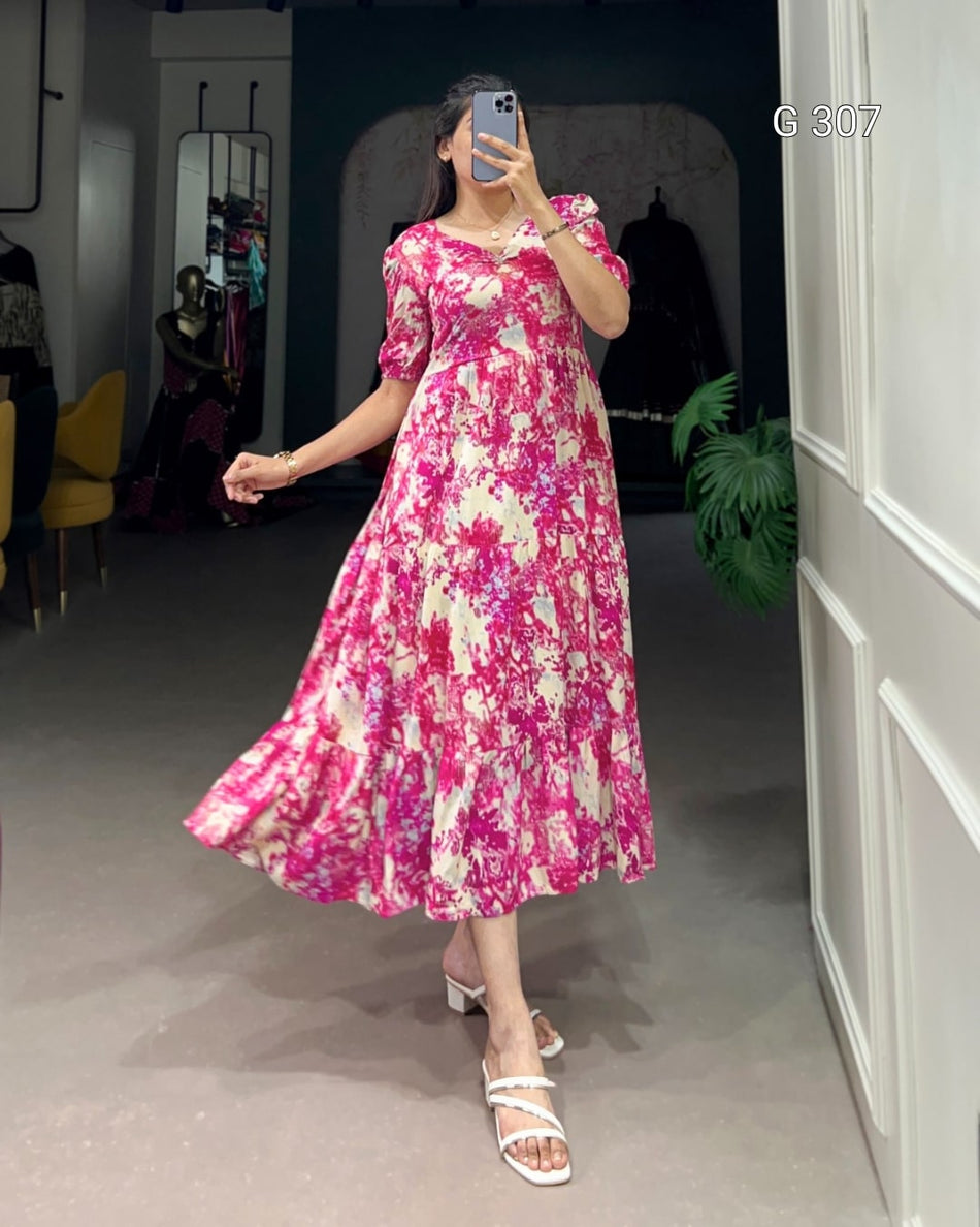 Pink Rayon Frock with Printed Foil Work – G 307 Pink