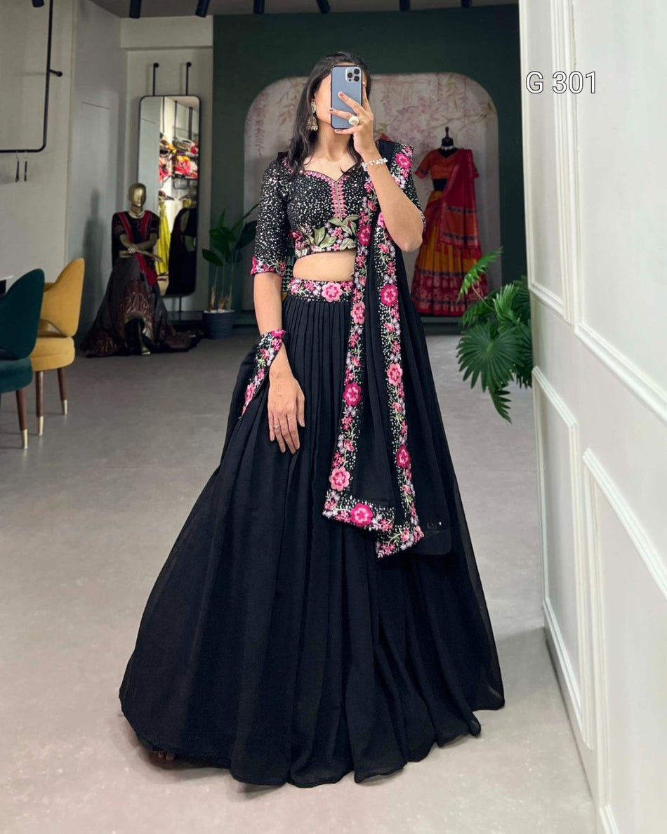Black Georgette Lehenga with Sequins & Thread Embroidery – G 301
