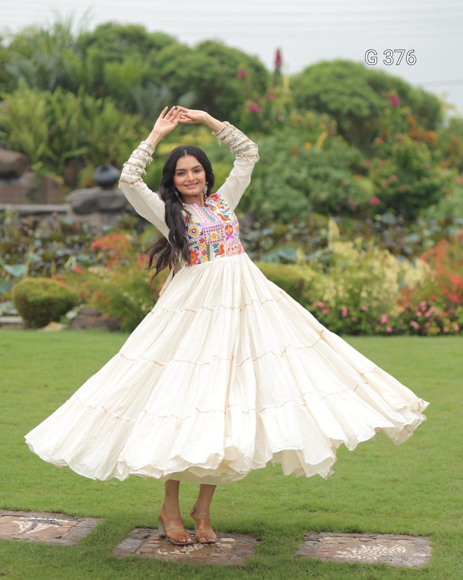 Kora Cotton Gown with Multi-Thread & Gota Patti Work – G 376 White