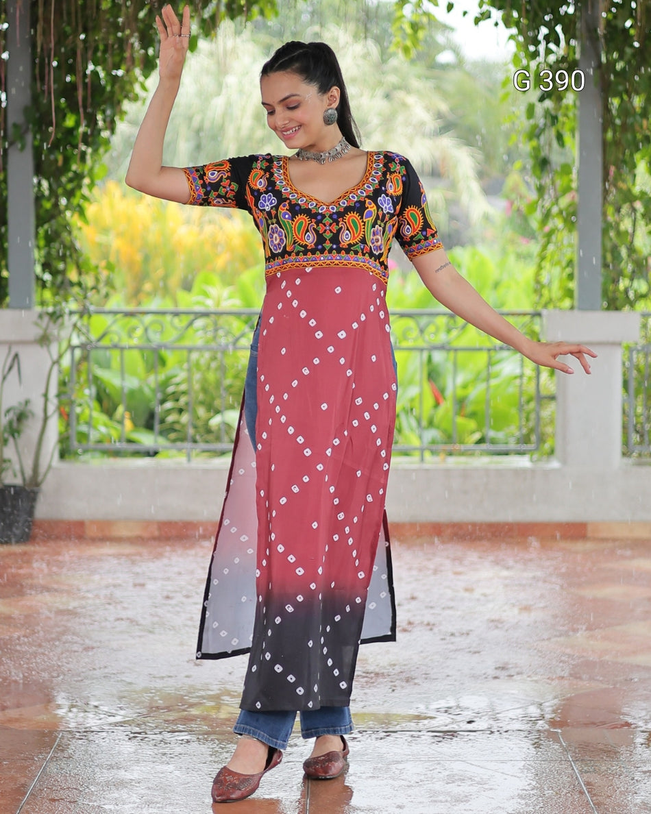 Printed Reyon Kurti with Kutchi Gamthi Work – G 390