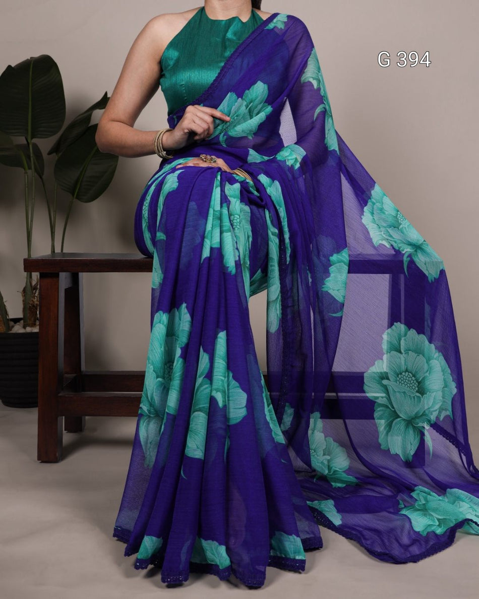 Floral Printed Chiffon Saree with Lace Border – G 394