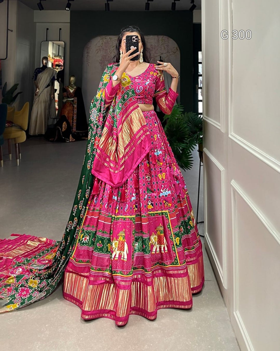 Digital Print Gaji Silk Lehenga with Lagadi Patta & Tassels – G 300