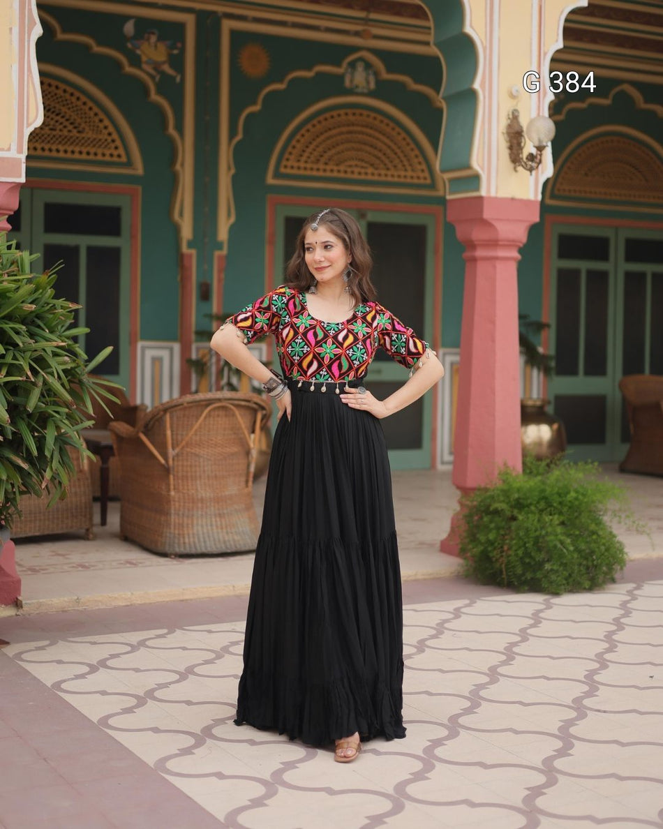 Black Gown with Kutchi Gamthi Kodi Work – G 384