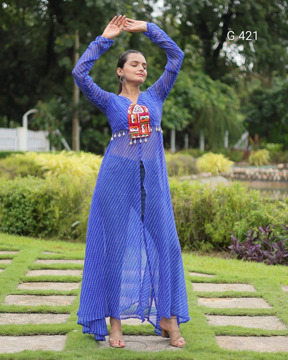 Leheriya Georgette Kurti with Kutchi Patchwork – G 421 Blue