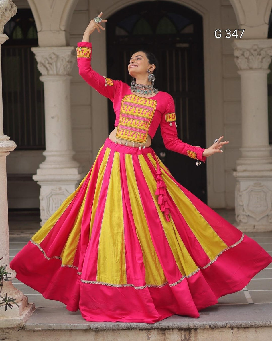 Pink Roman Lehenga with Mirror Lace & Thread Embroidery Work - G 347