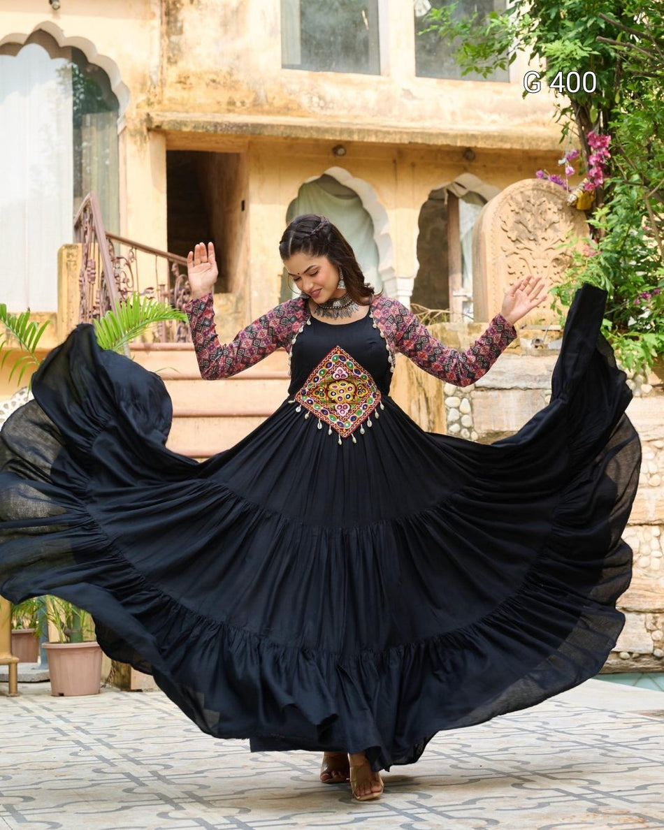 Kutchi Gamthi Embroidered Reyon Gown with Cotton Print – G 400