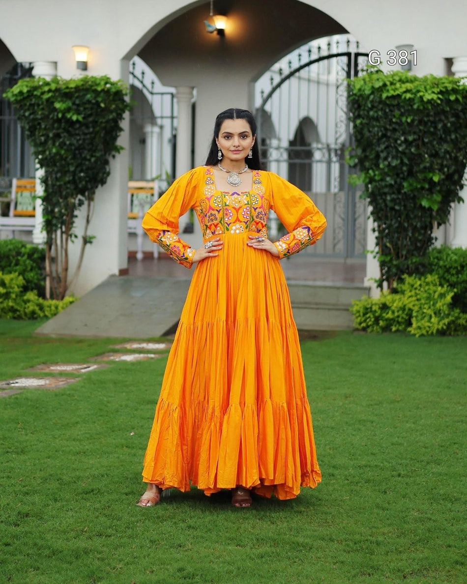 Yellow Reyon Gown with Kutchi Gamthi Work – G 381 Yellow