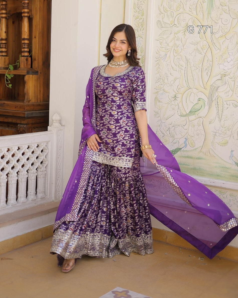 Premium Designer Top Sharara Dupatta Set | Embroidered Festive Wear - G 771