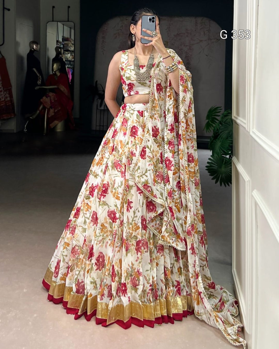 Chiffon Lehenga with Floral & Foil Print – Stitched Set - G 353