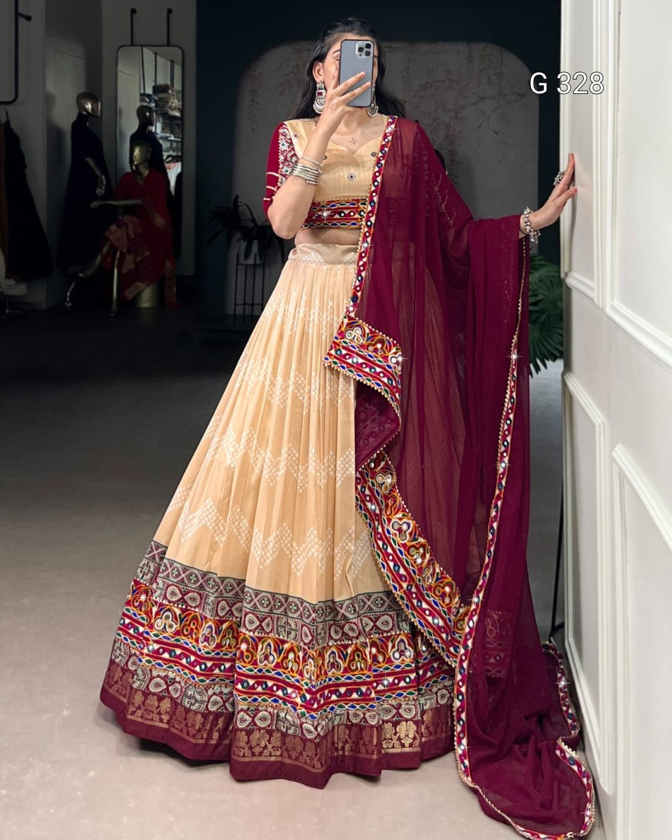 Tasar Silk Lehenga with Foil & Real Mirror Gamthi Work – G 328