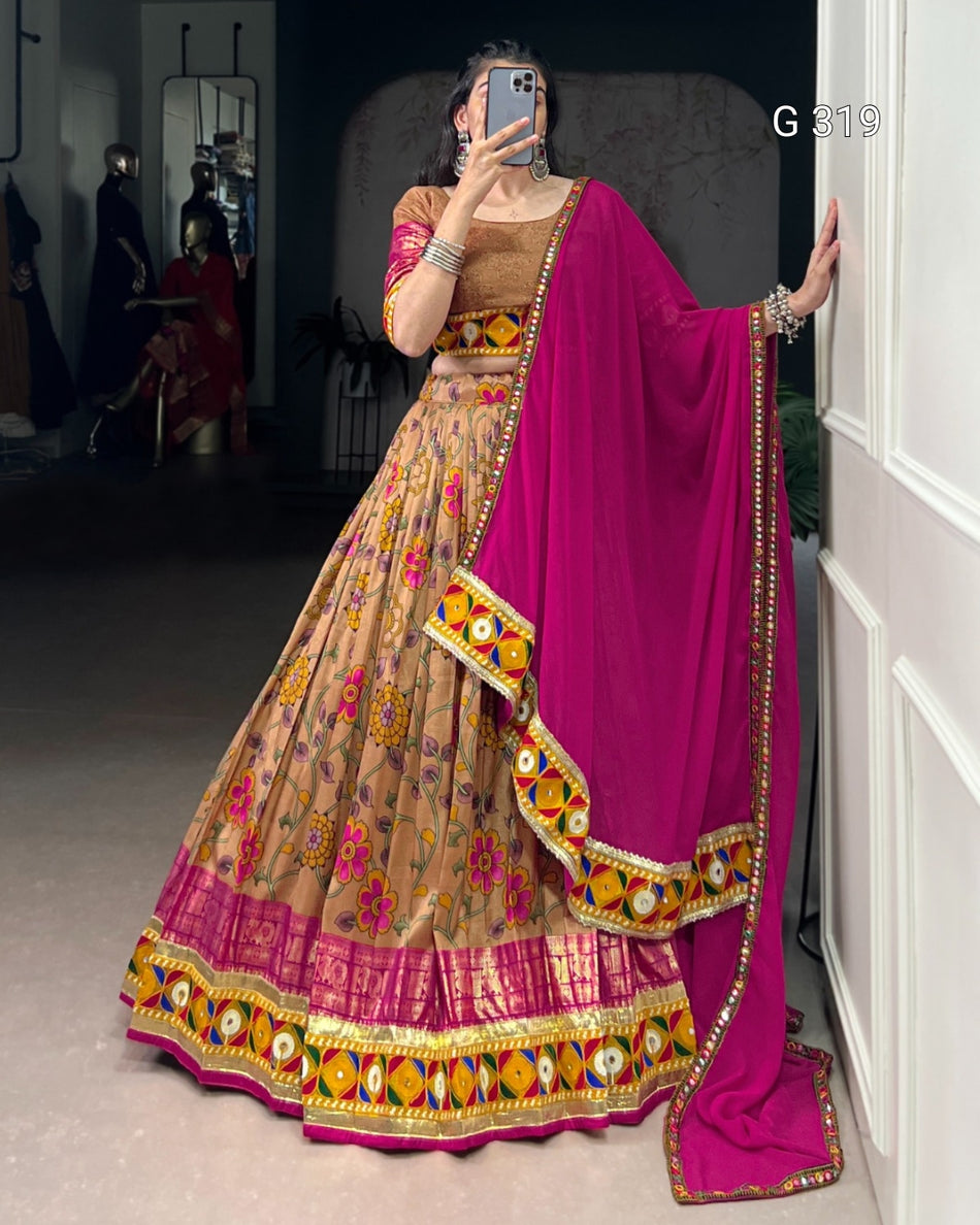 Tasar Silk Lehenga with Foil & Real Mirror Gamthi Work – G 319