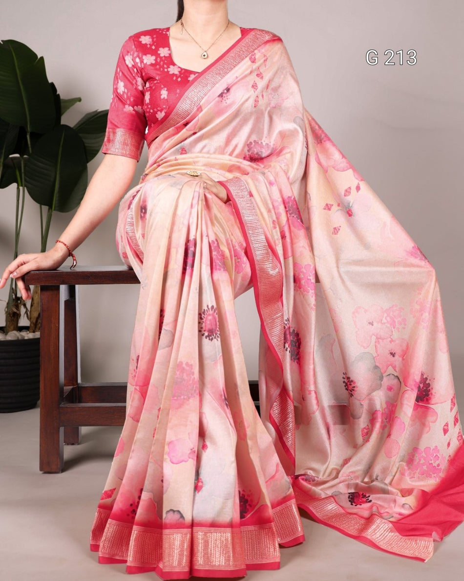 Floral Printed Tussar Silk Saree with Viscose Border – G 213