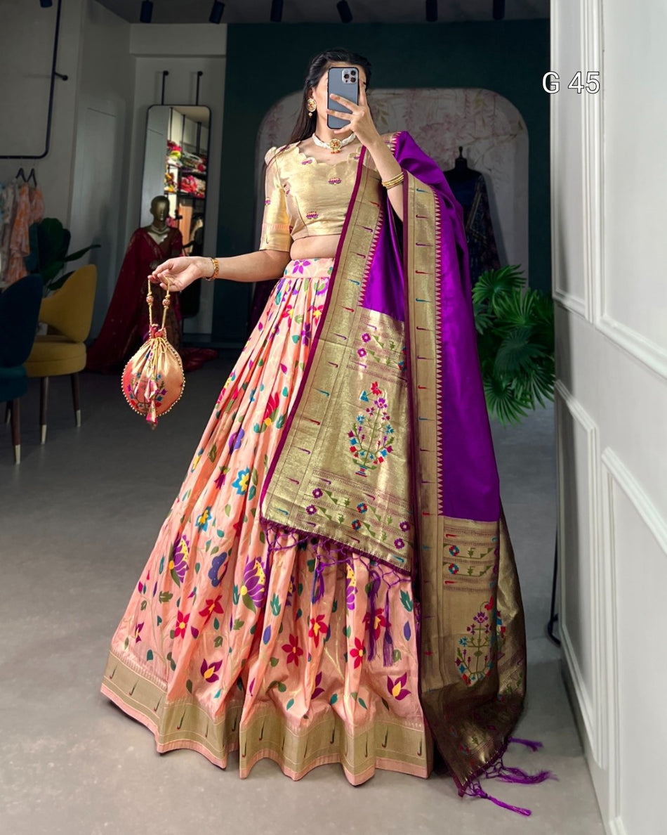 Jacquard Silk Paithani Lehenga with Zari Weaving Work & Handmade Tassels-G 45 Peach