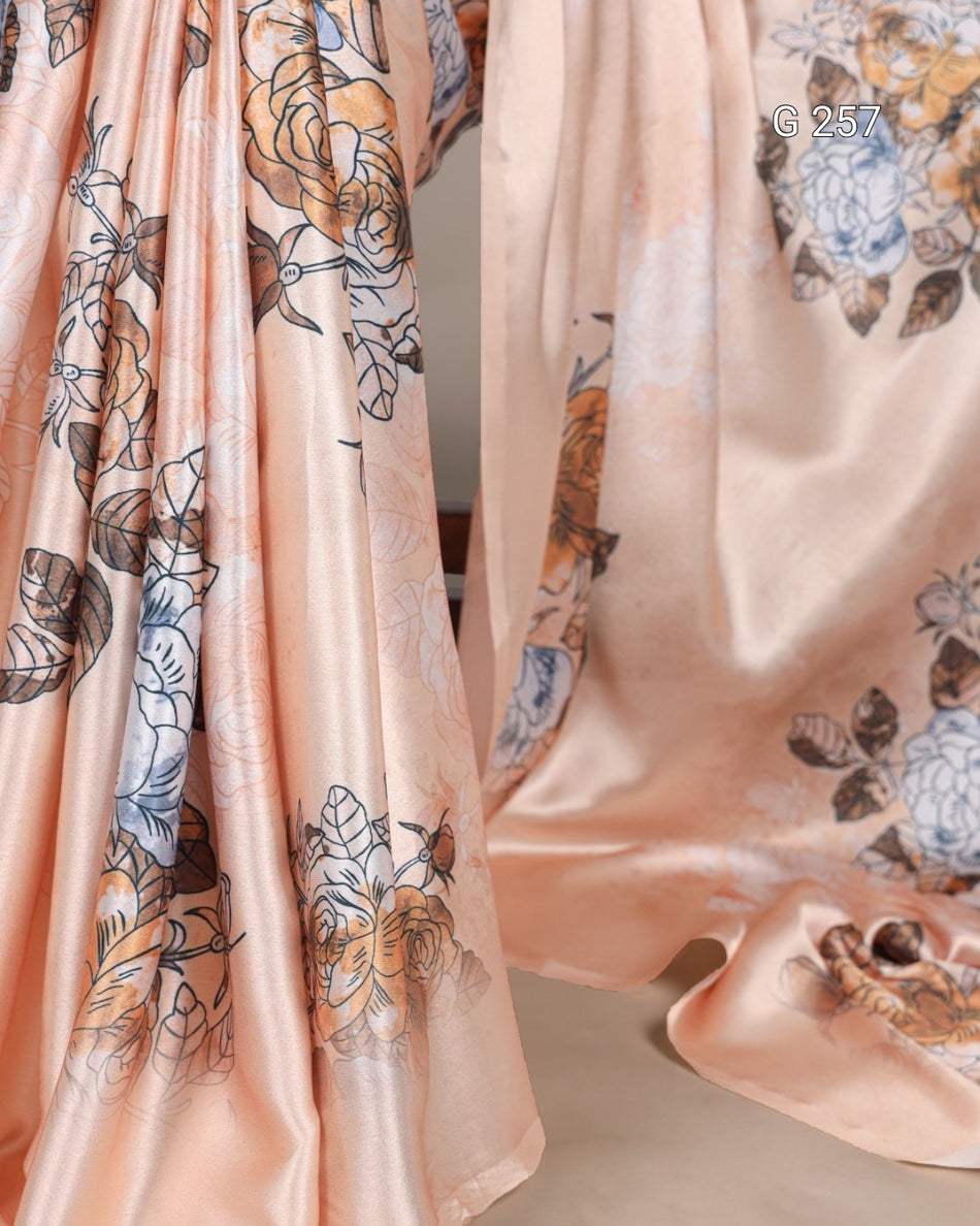 Floral Printed Satin Silk Saree – G 257 Peach