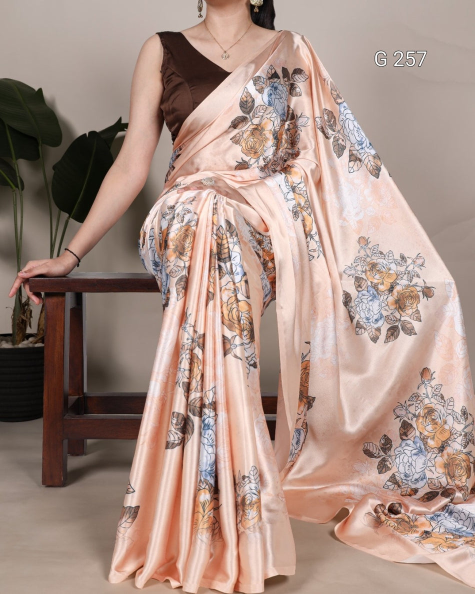 Floral Printed Satin Silk Saree – G 257 Peach