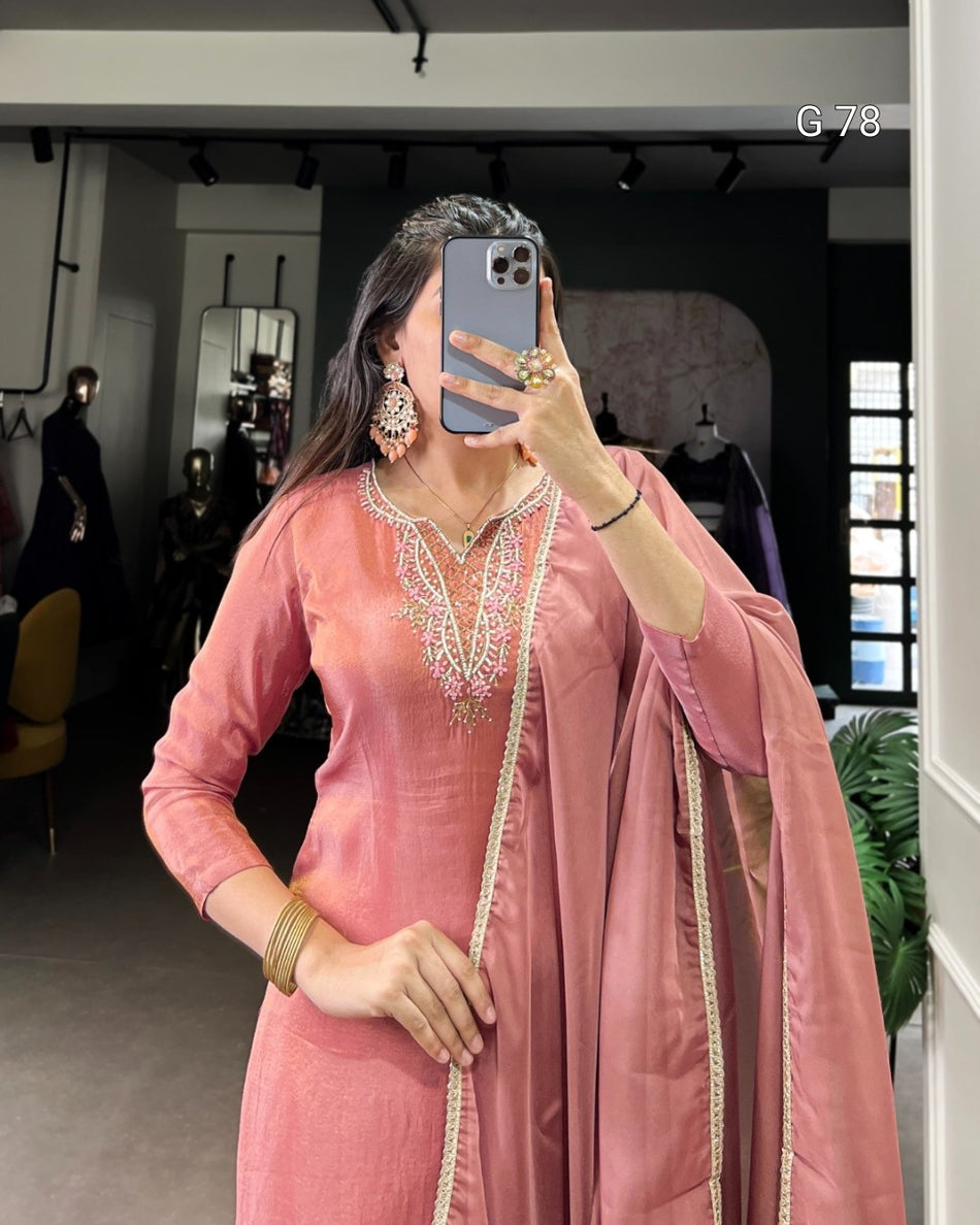 Viscose Tissue Top with Beads Handwork & Lace Touch Up – G 78 Peach
