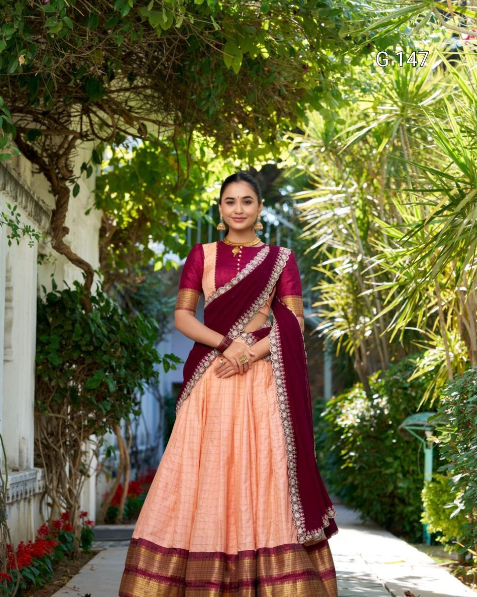 Peach Zari Chex Lehenga with Zari Weaving Work & Sequins Embroidery – Bridal Lehenga Set-G 147 Peach