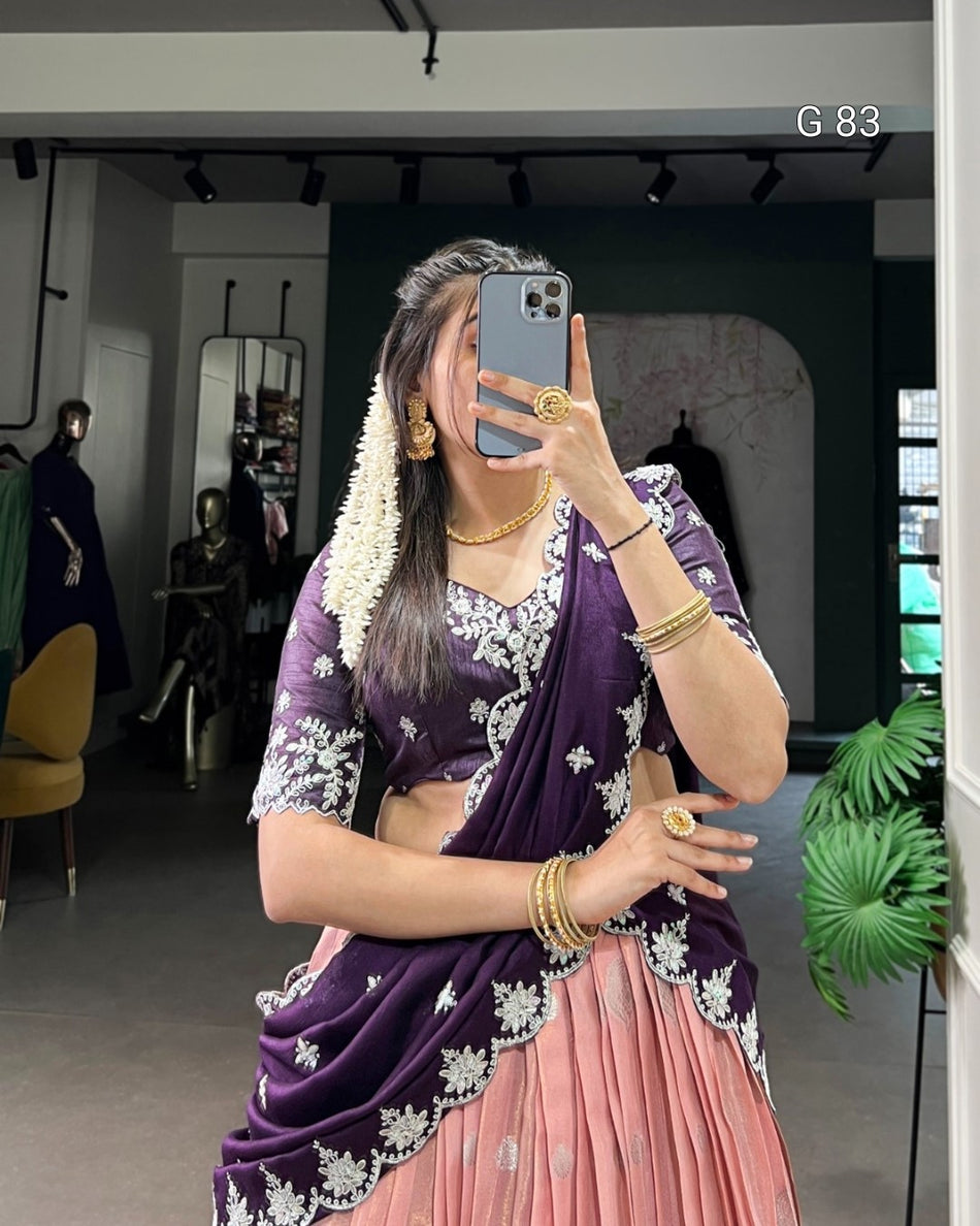 Zari Kota Lehenga with Sequins & Thread Embroidery Scallop Lace Border – G 83 Peach