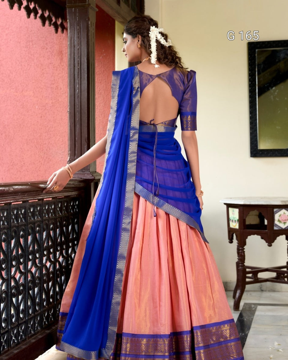 Peach Kanchipuram Lehenga with Zari Weaving Work & Georgette Dupatta-G 165 Peach