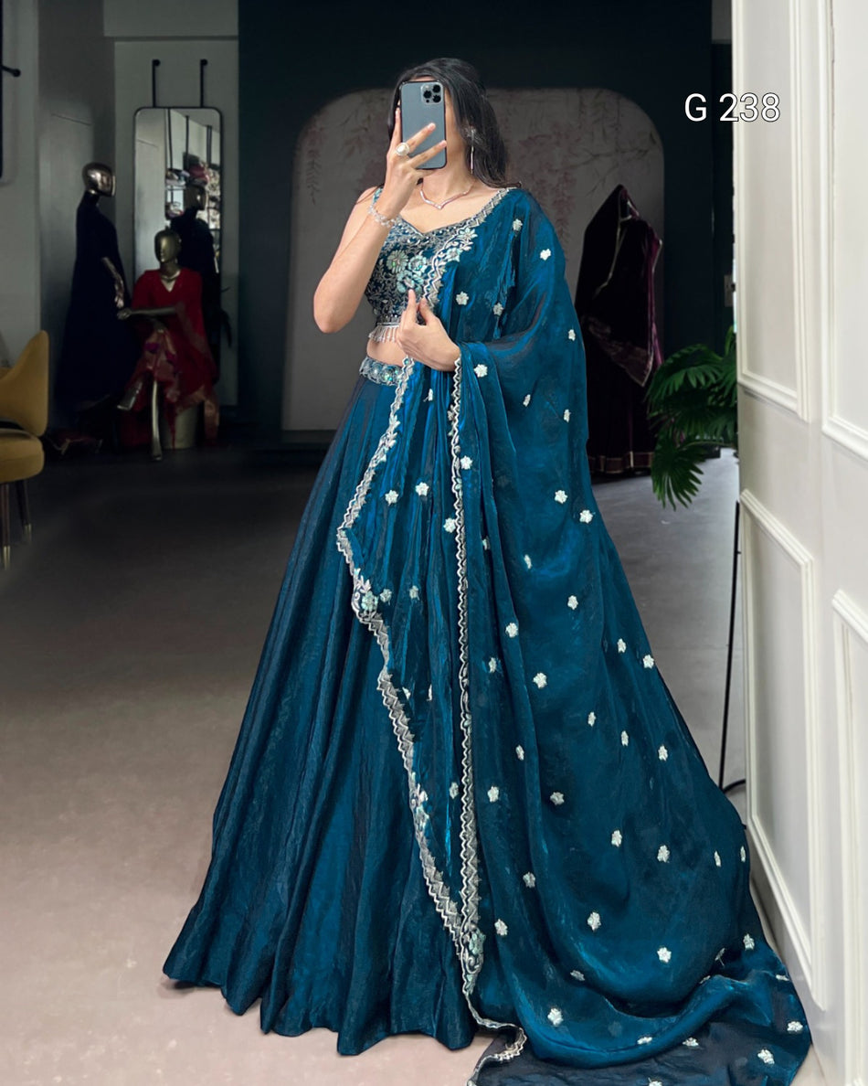 Sequins and Thread Embroidery Fendi Lehenga with Dupatta – G 238 Peacock