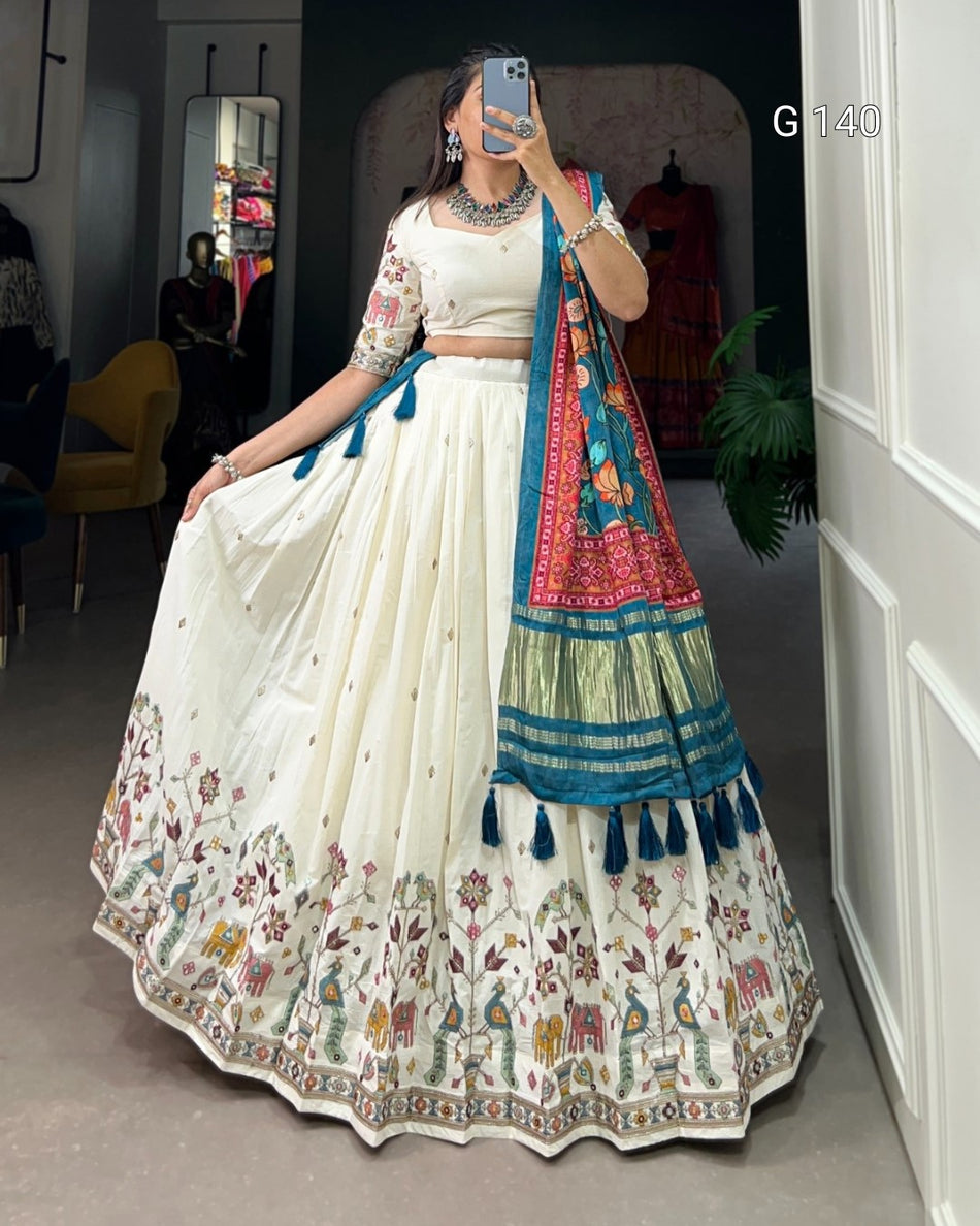 Floral Khadi Cotton Lehenga with Sequins & Thread Embroidery Work and Tassel Dupatta-G 140