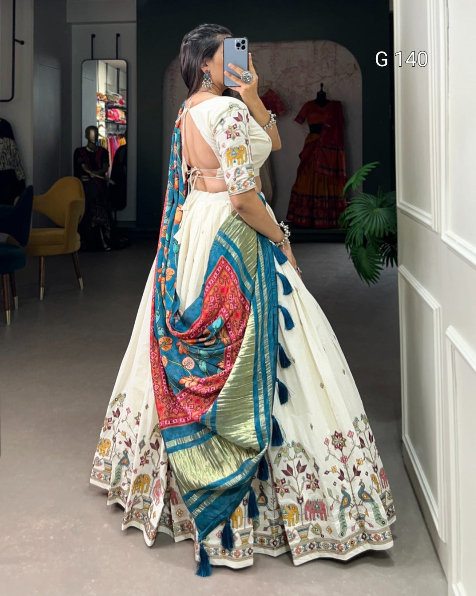 Peacock Khadi Cotton Lehenga with Sequins & Thread Embroidery Work and Tassel Dupatta-G 140 Peacock