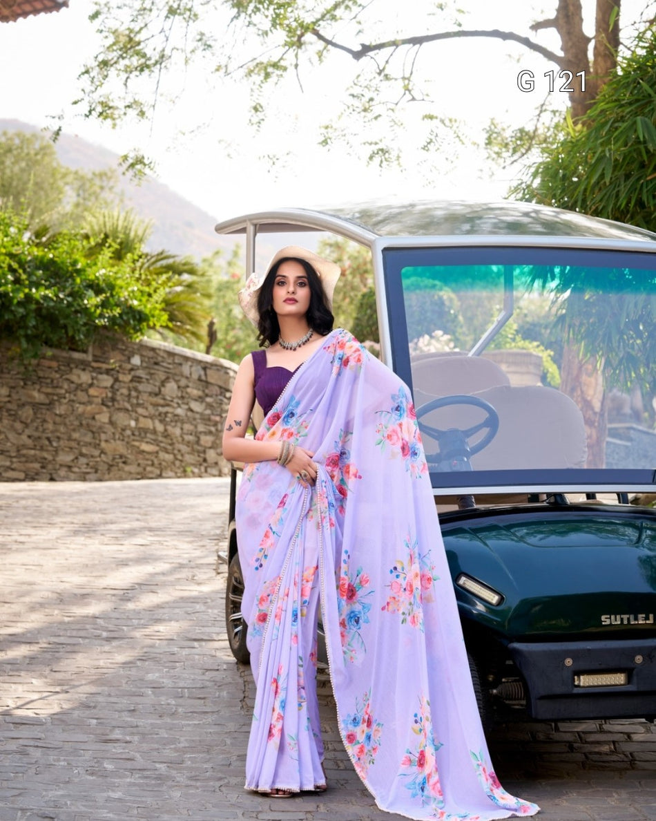 Floral Printed Weightless Marbal Saree with Pearl Lace Border – G 121