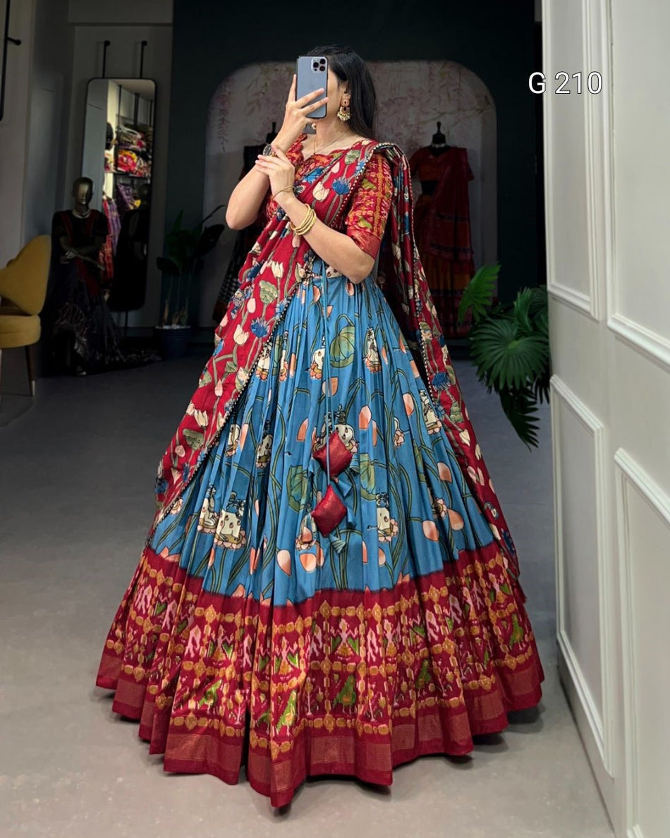 Pichwai Patola Print Tussar Silk Lehenga with Zari Weaving Border – G 210 Firozi