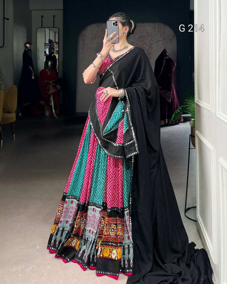 Bandhej and Ajarakh Pure Rayon Lehenga with Paper Mirror & Gamthi Work – G 214 Pink