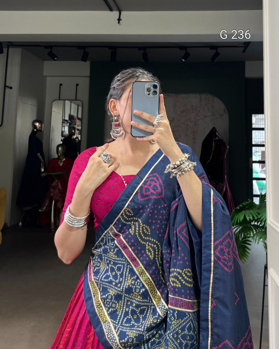 Bandhej Print Tasar Silk Lehenga with Gotta Patti Lace – G 236 Pink