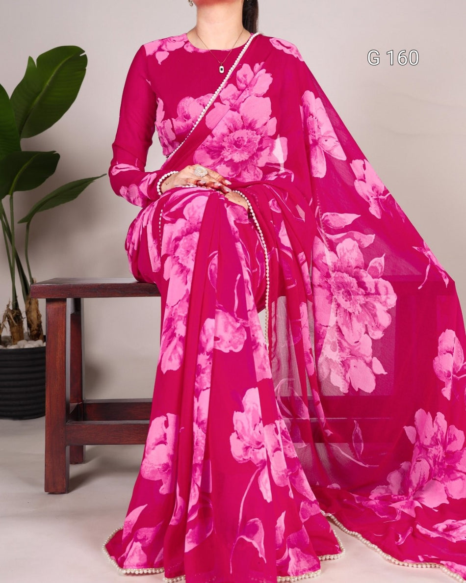 Blue Chiffon Saree with Floral Print & Pearl Lace Border-G 160