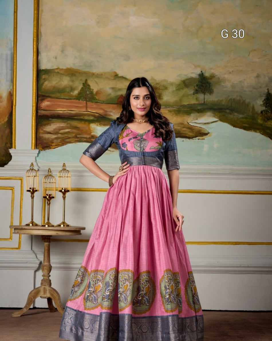 Pink Dola Silk Gown with Kalamkari Print & Zari Weaving Border – G 30 Pink