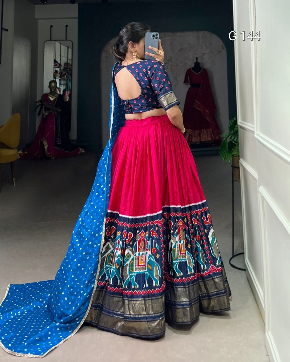 Pink Dola Silk Lehenga with Patola Print & Foil Work – Bridal Lehenga Set-G 144 Pink