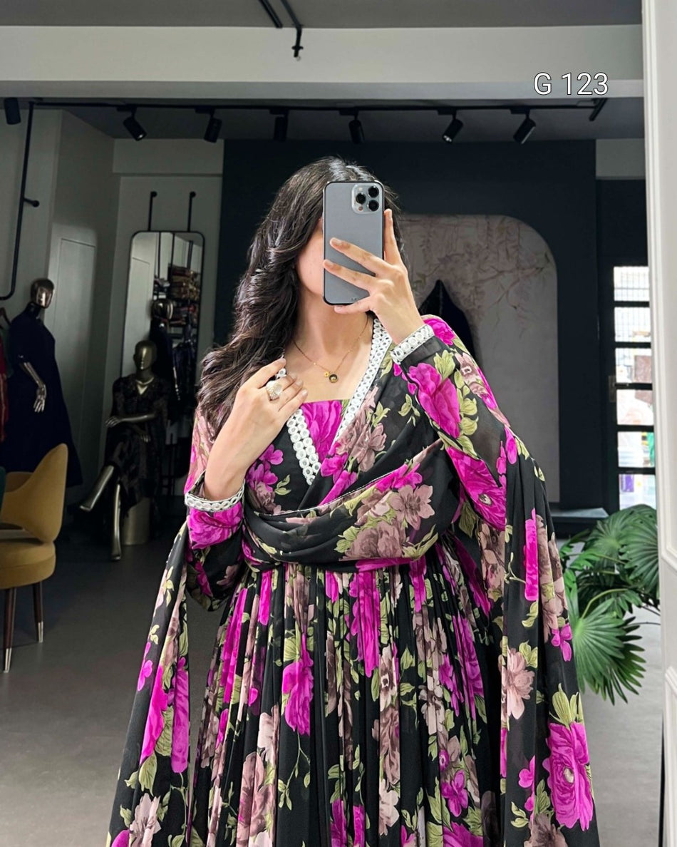 Floral Printed Georgette Gown with Peper Mirror Lace Touch Up – G 123 Pink