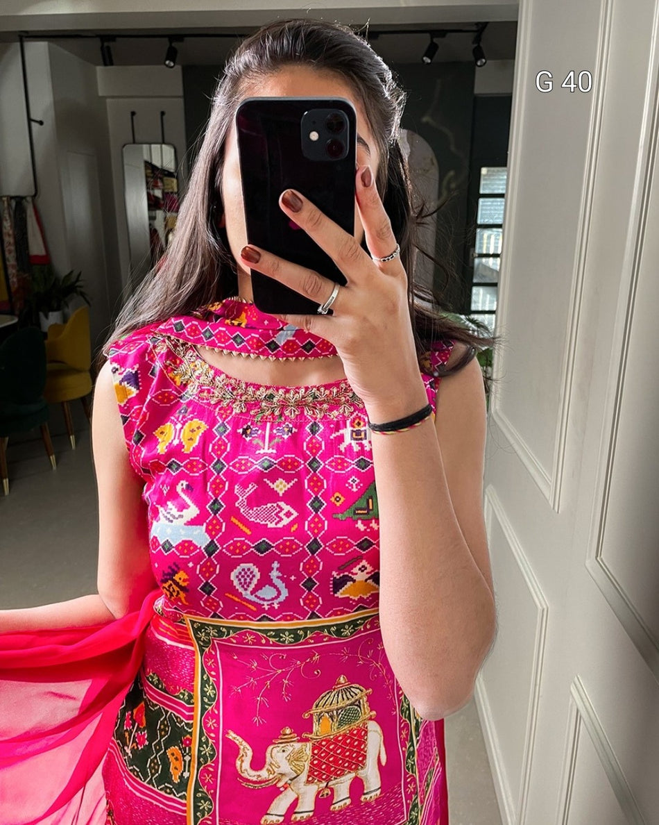 Pink Gaji Silk Top with Handwork & Printed Design – Stitched Plazo and Dupatta Set - G 40 Pink